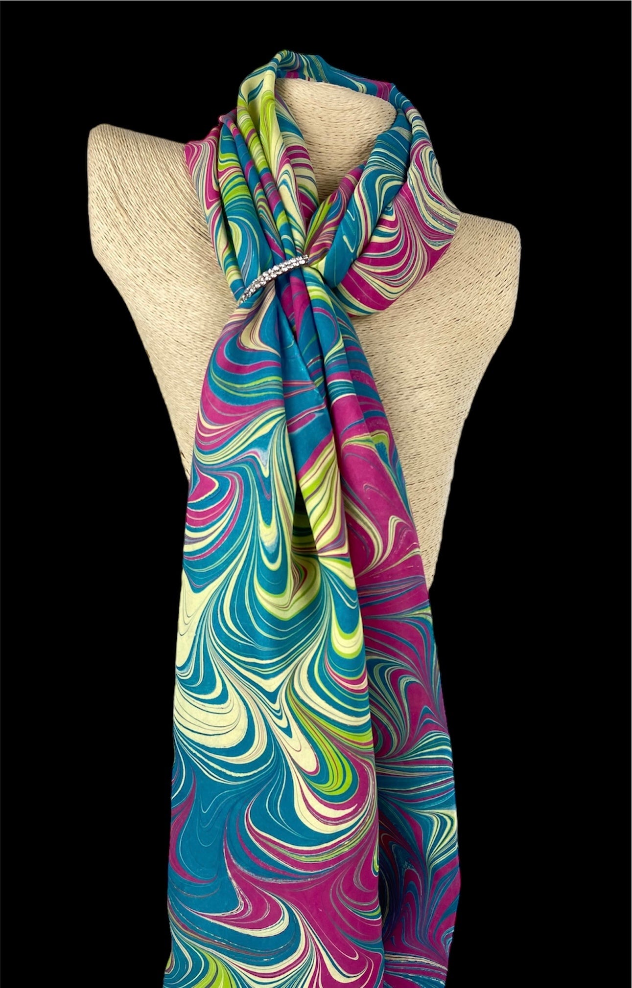 Pink, Teal, Lime and Soft Yellow Silk Scarf "Marcia"